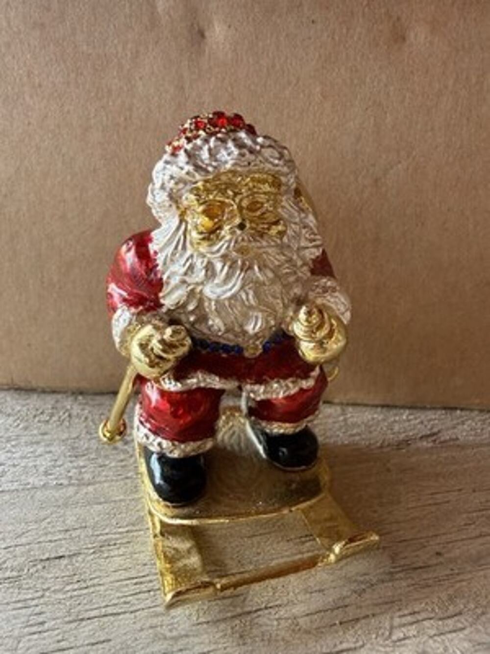 3" Metal Gem Santa Clause Skiing Hinged Trinket Box *MISSING FEW RHINESTONE read
